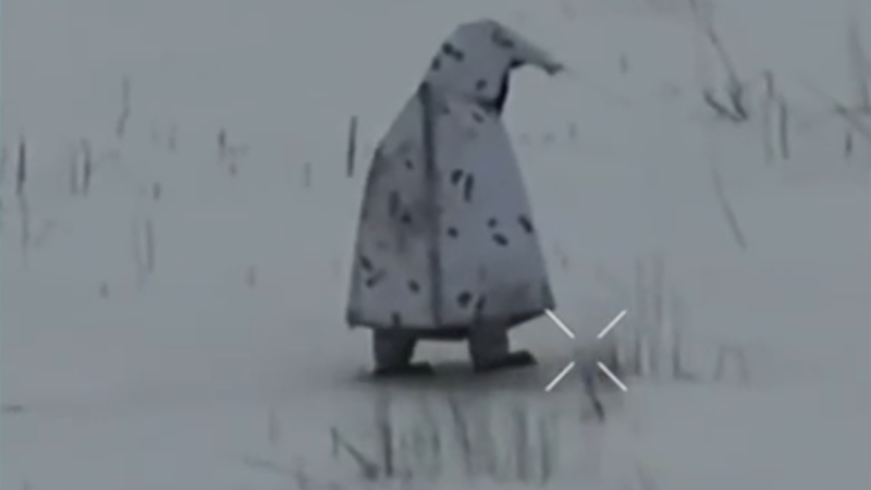 Ruský voják se maskoval jako obří tučňák. Ukrajinskému dronu ale neunikl, ukazují záběry